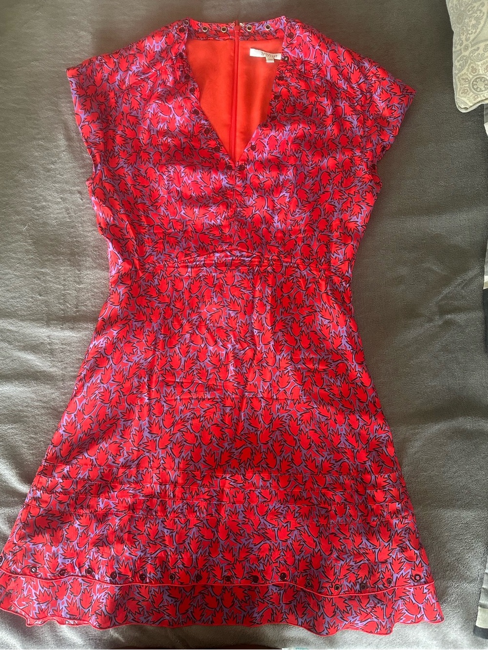 Derek Lam Red and Purple Floral Cap-Sleeve Dress